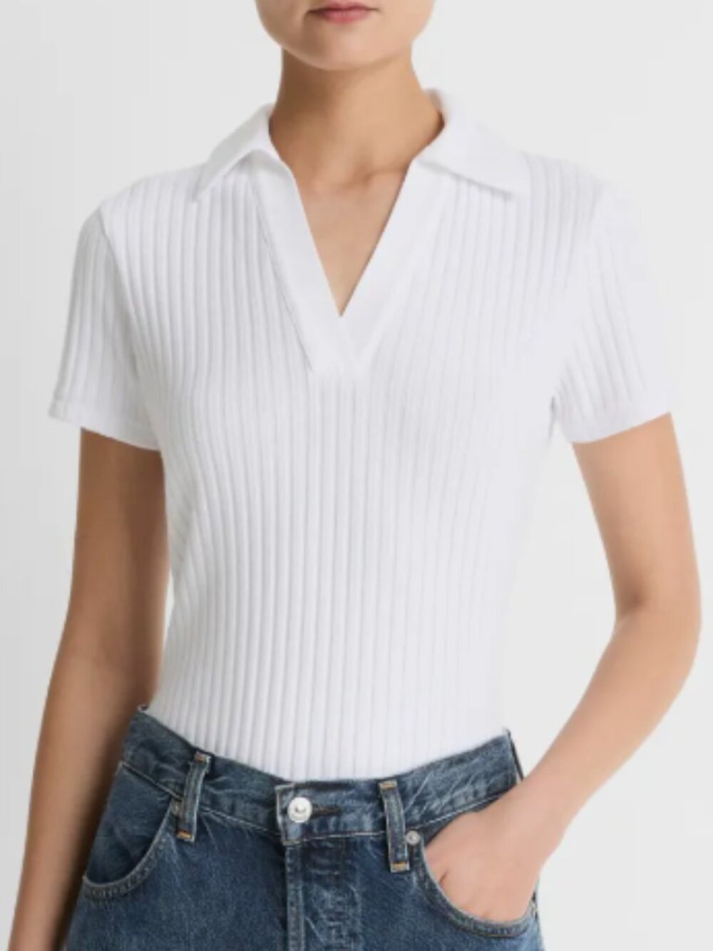 Vince Johnny Collar Ribbed Knit Top Optic White XS NWT Cotton Blend